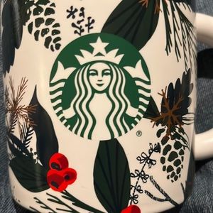 STARBUCKS 2021 Holiday Coffee Mug with Pinecones Holly Snowflakes  12 oz.